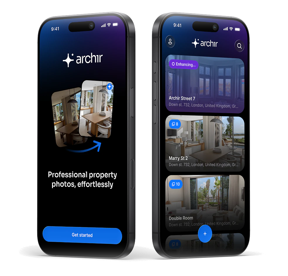 Archir iPhone app: welcome screen and a list of properties being enhanced